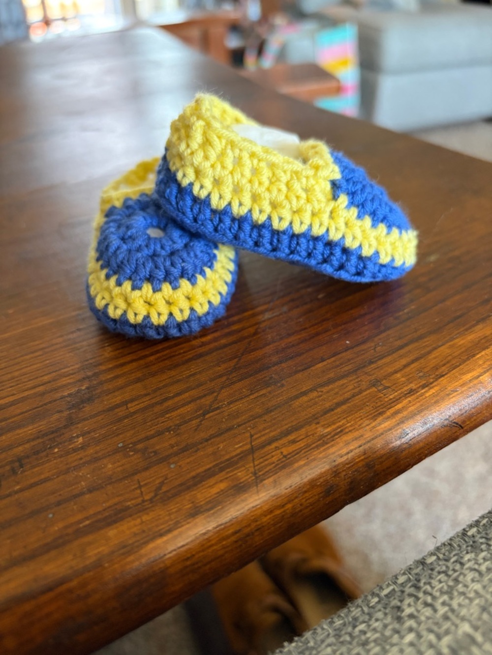 Hand-Crocheted Baby Booties - Blue and Yellow